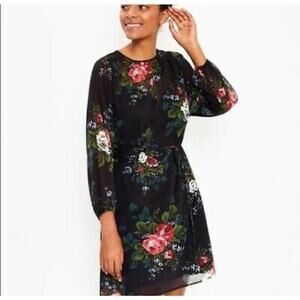 Loft Sheer Party Dress sz 14, keyhole neck, tie at waist, black floral